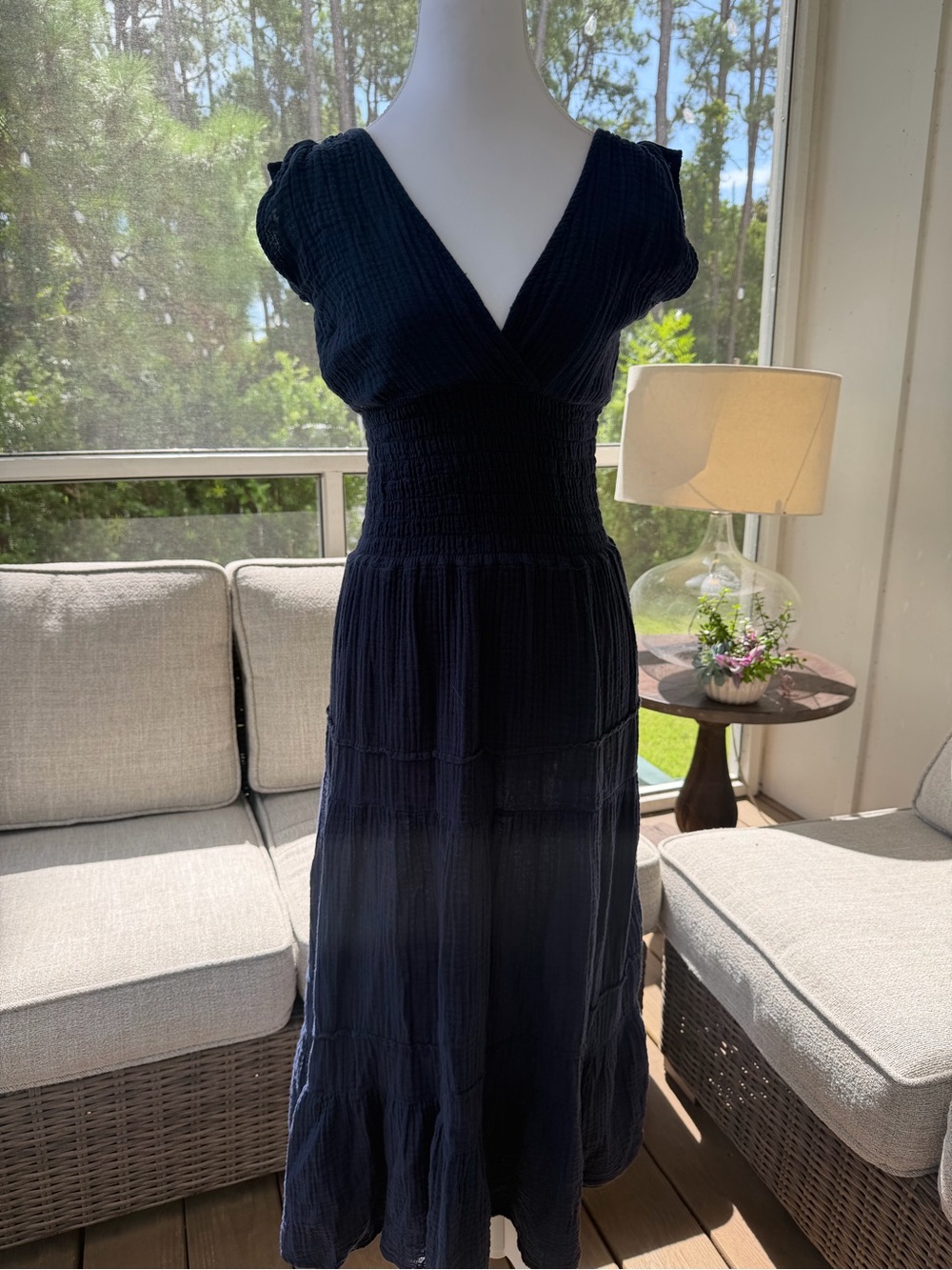 Smocked Waist Navy Maxi Dress with V-Neck - Picture 3 of 8